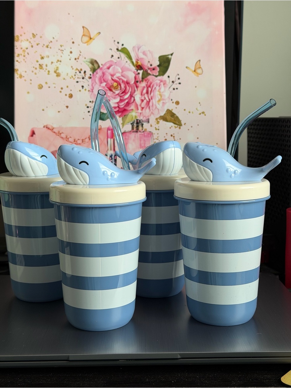 Target Blue and Cream set of 4 Whale Straw Cups with straws